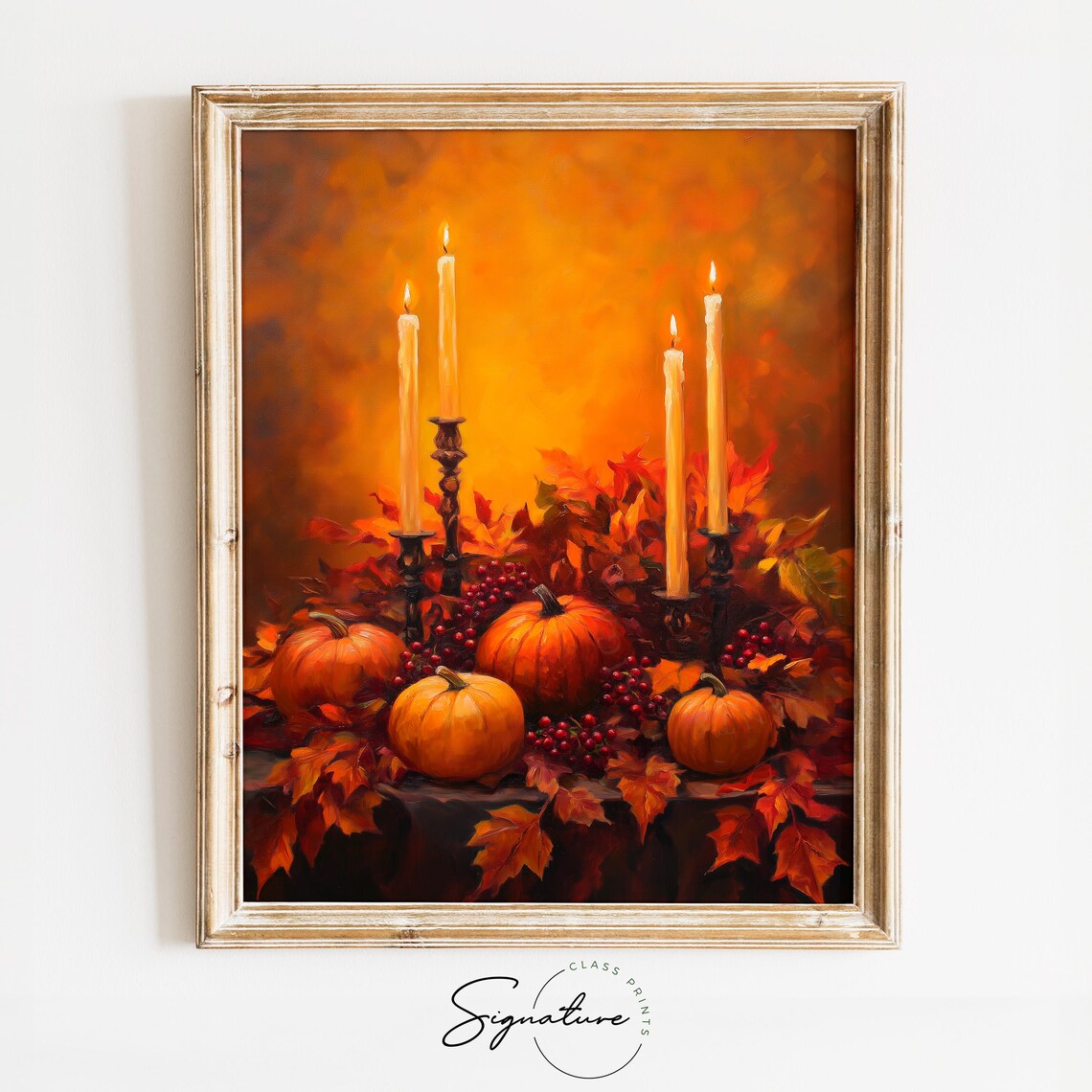 Autumn Pumpkins With Lit Candles And Berries Fall Still Life Poster