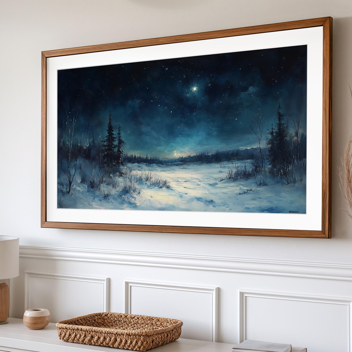 Starry Winter Night Over Snowy Meadow With Bright Moon Night Art Poster - Image 2
