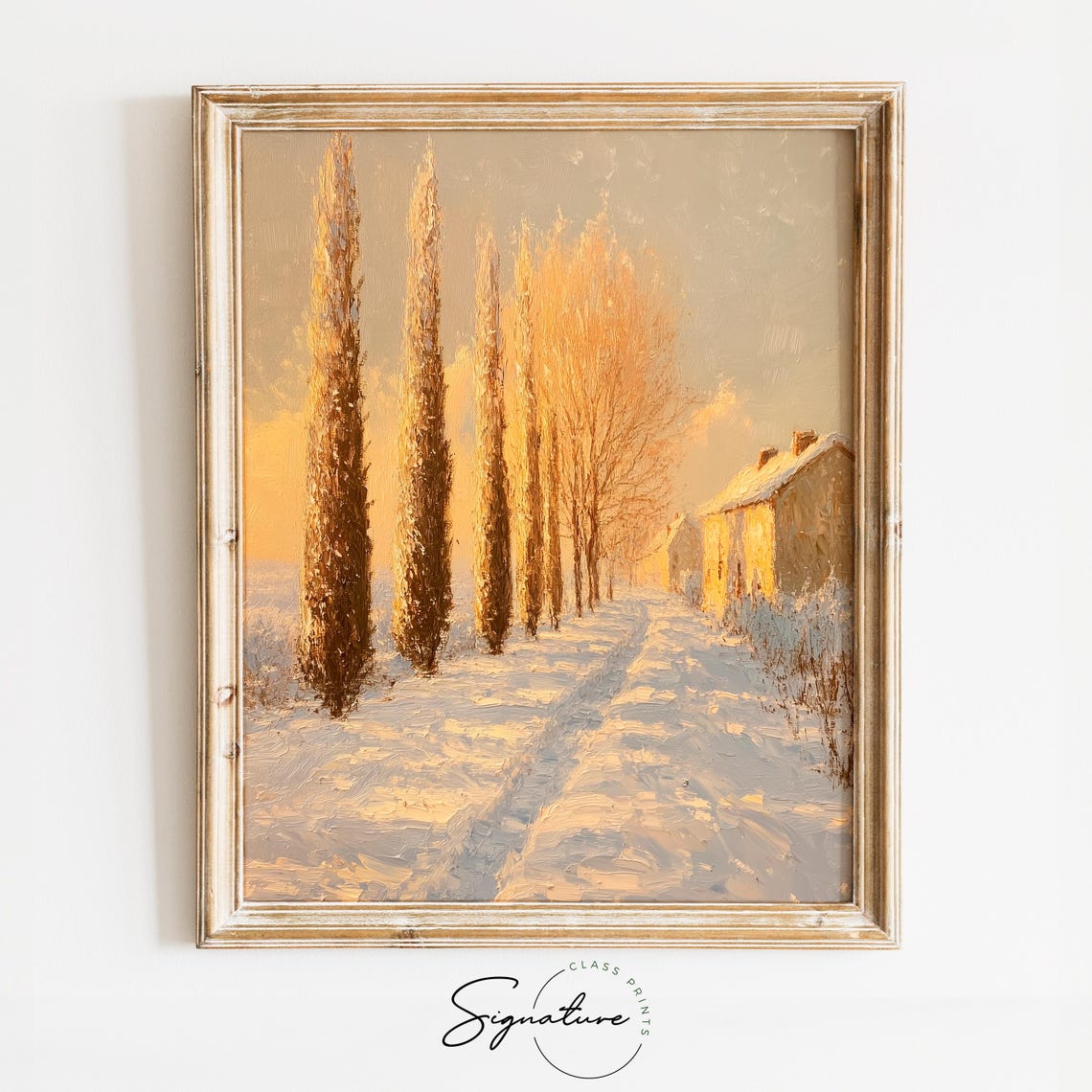 Golden Cypress Lined Snowy Path Winter Countryside Scene Poster