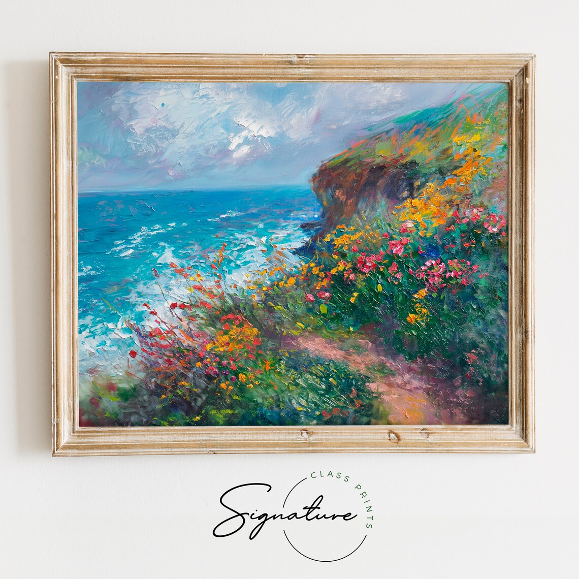 Coastal Cliff Wildflowers Overlooking Turquoise Ocean Impressionist Poster