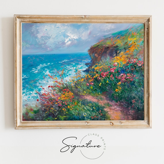 Coastal Cliff Wildflowers Overlooking Turquoise Ocean Impressionist Poster