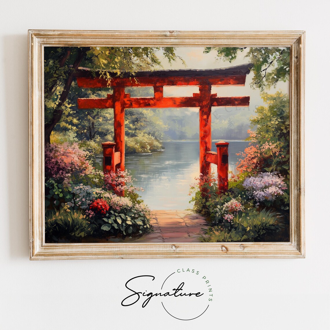 Japanese Torii Gate Floral Garden Lakeside Serene Asia Travel Poster