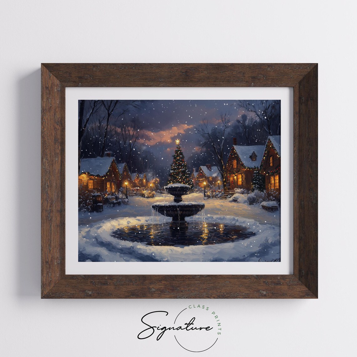 Snowy Village Square Night Fountain Christmas Tree Painting Poster