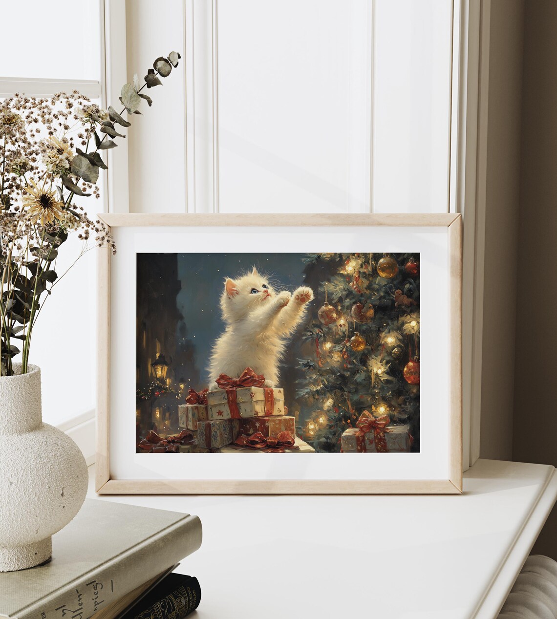 White Kitten Climbing Christmas Gifts Reaching for Baubles Poster - Image 6