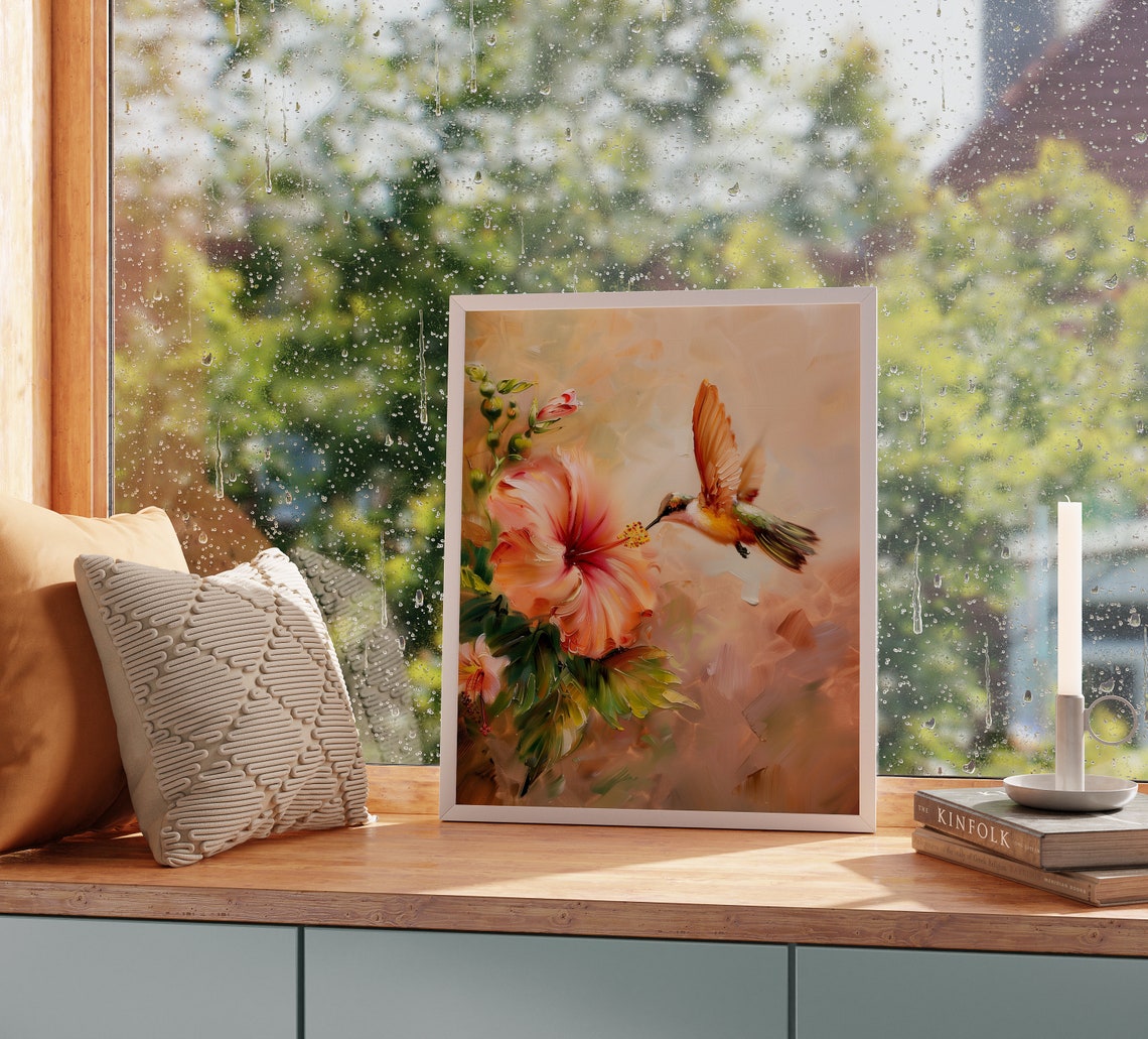 Tiny Hummingbird Sipping Nectar from Pink Hibiscus Flower Poster - Image 2
