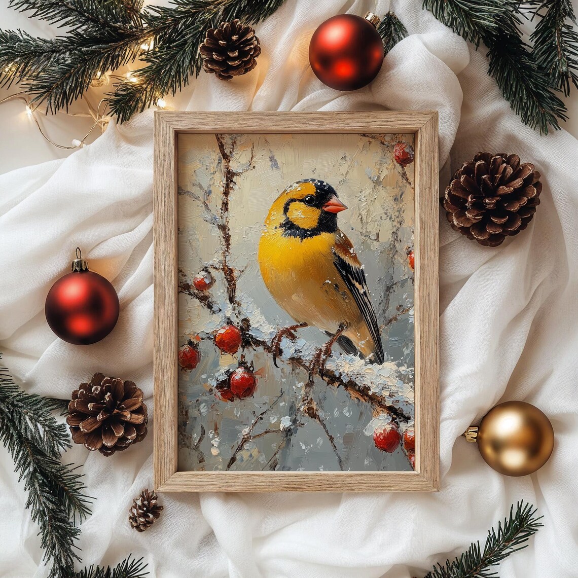 Goldfinch On Snowy Branch With Red Berries Winter Bird Art Poster - Image 4
