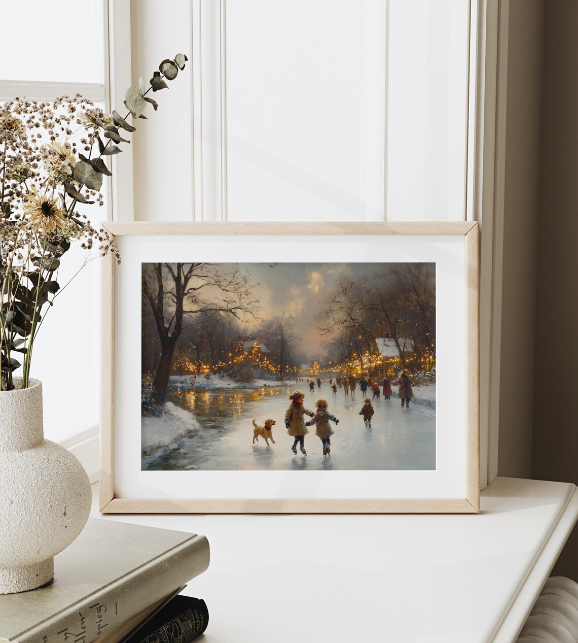 Winter Ice Skating on a Frozen Pond With Children and Dog Poster - Image 6
