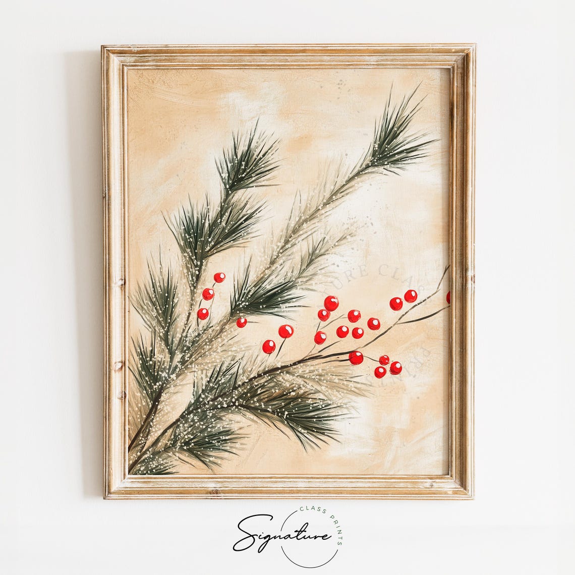 Snowy Pine Branches with Red Berries Minimalist Winter Poster