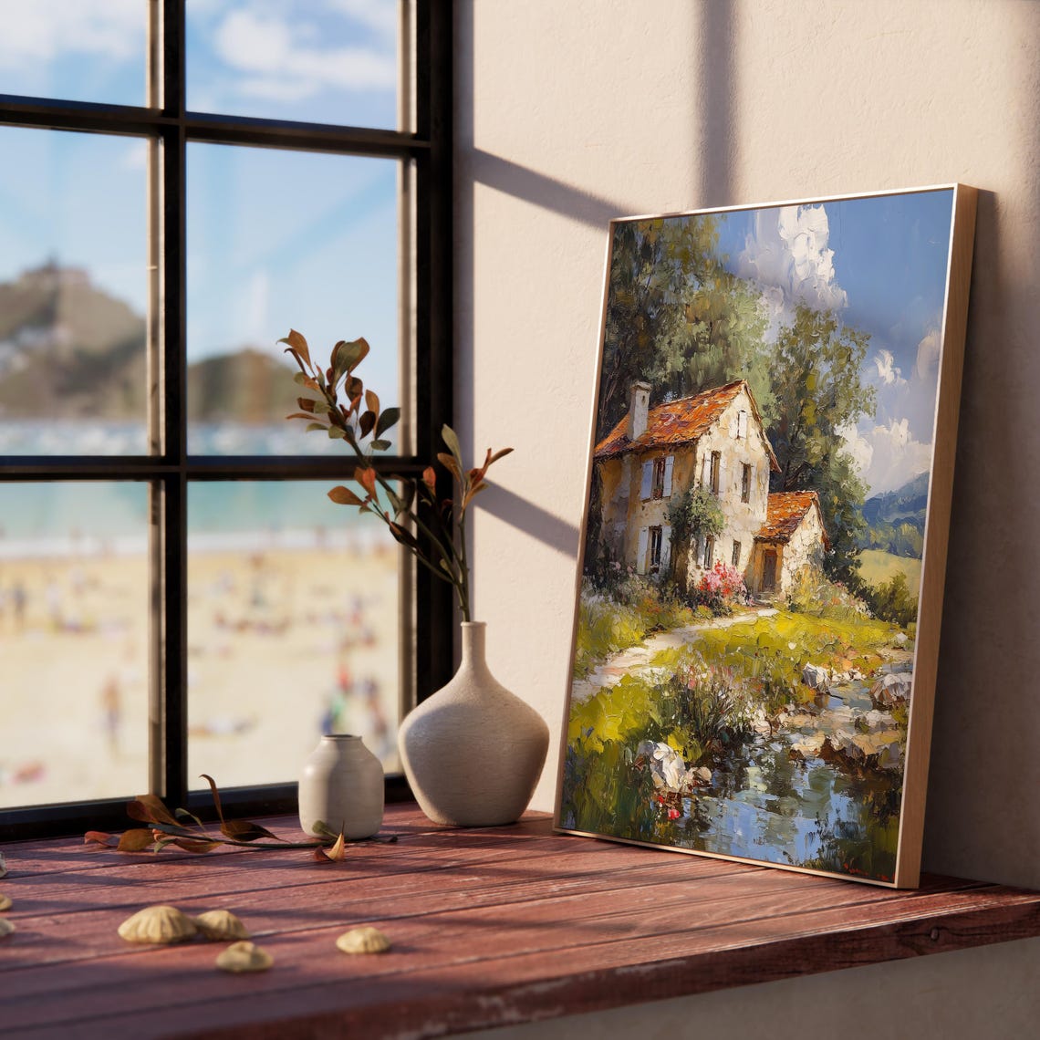 Stone Farmhouse by a Stream Sunlit Summer Countryside Poster - Image 3