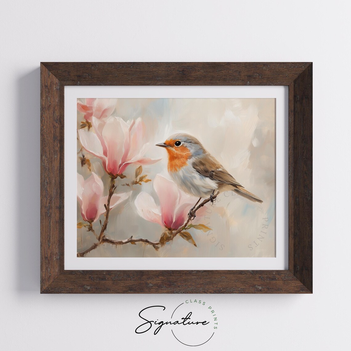 Robin With Pink Magnolia Blooms Soft Vintage Bird Art Poster - Image 3