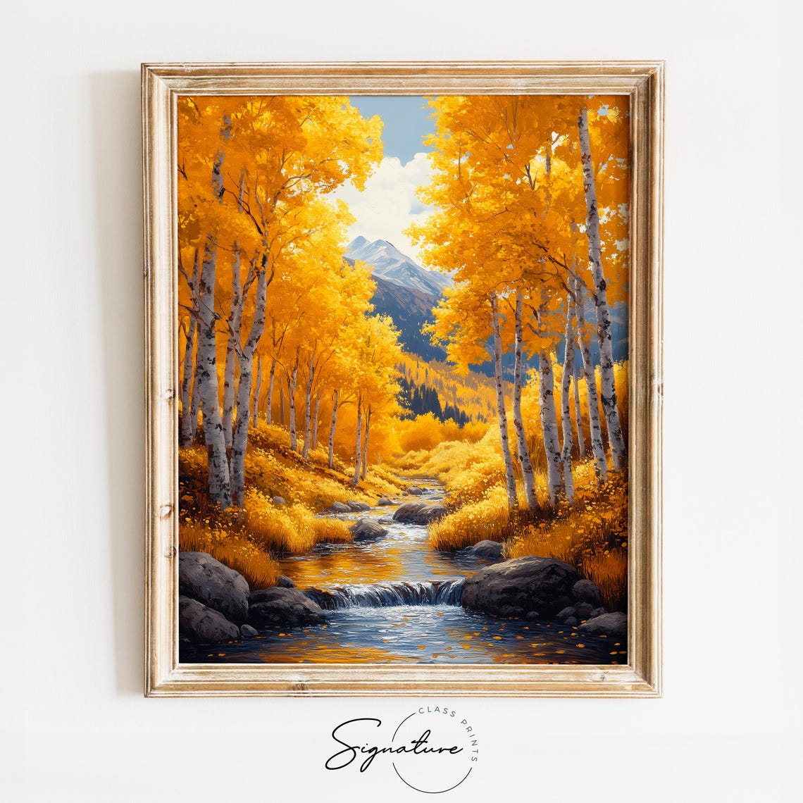Golden Aspen Forest Mountain Stream Snowy Peak Landscape Print