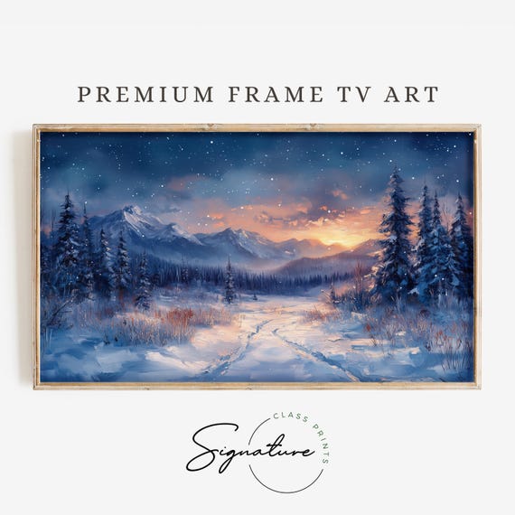 Starry Sky Over Snowy Meadow Tv Art Landscape Frame Tv Art Moody Nature Painting Deep Colors Wall Decor 3441