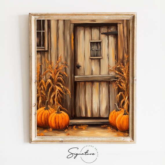 Rustic Barn Door Pumpkins Corn Stalks Fall Farmhouse Scene Poster