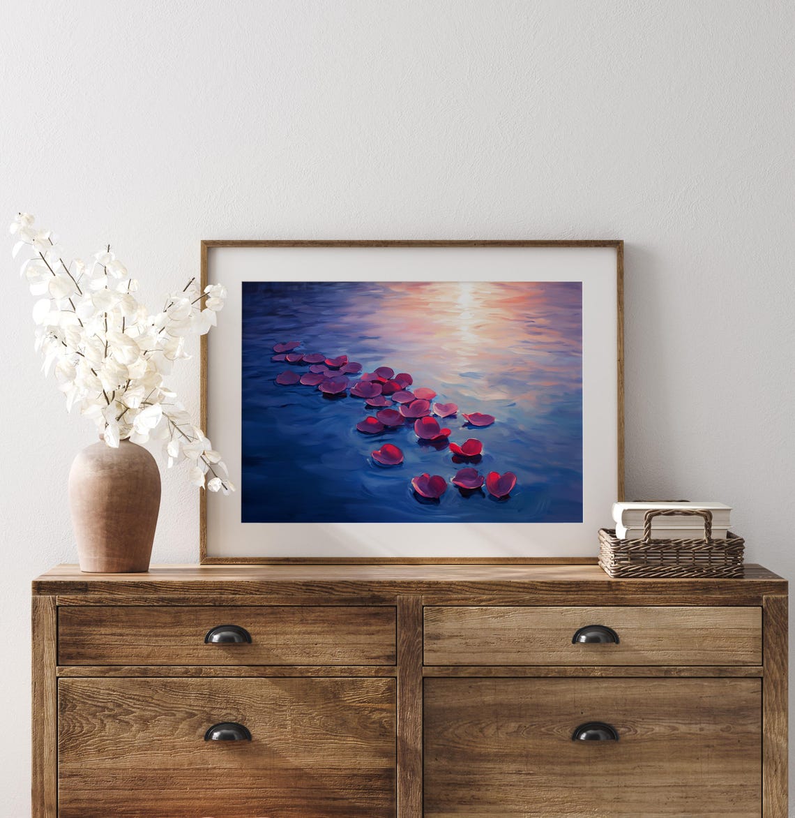 Red Rose Petals Floating on Blue Water Sunset Serene Art Poster - Image 3
