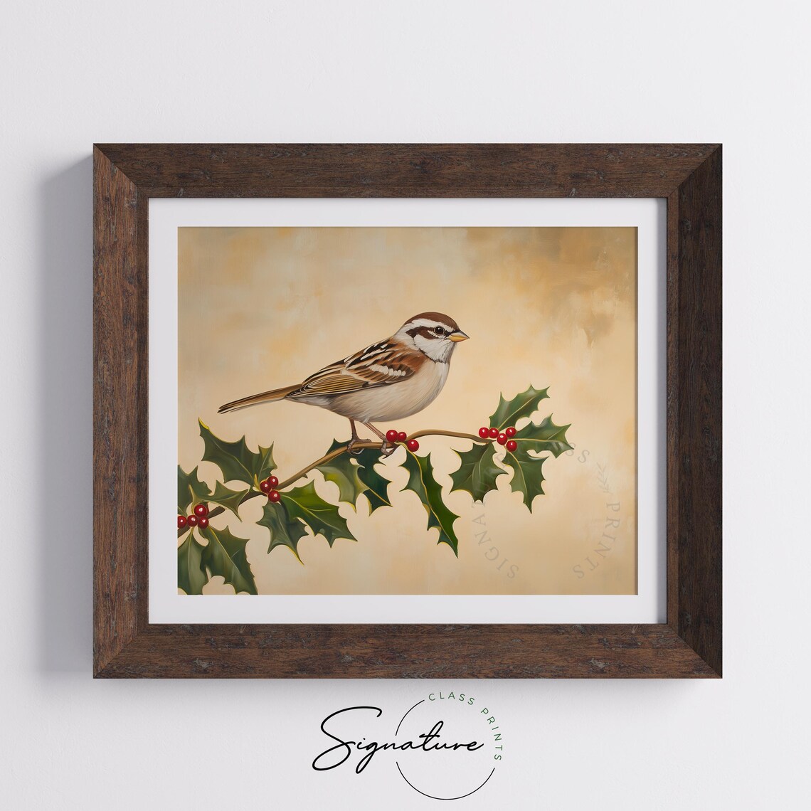 White Throated Sparrow on Holly Branch Berries Vintage Poster - Image 4