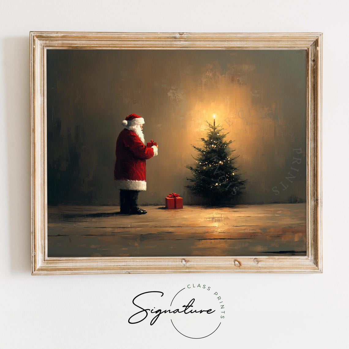 Santa Claus With Gift Beside Small Lit Christmas Tree Vintage Poster