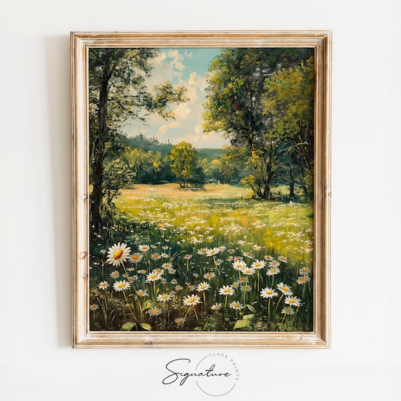 Daisy Meadow Woodland Edge White Flowers Sunny Clearing Nature Oil Poster