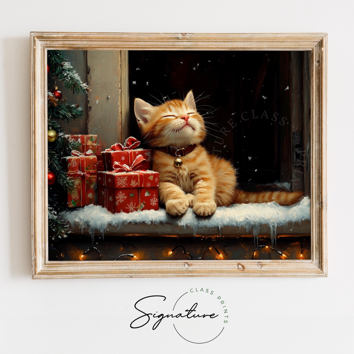 Sleeping Ginger Kitten With Christmas Gifts On A Snowy Sill Poster