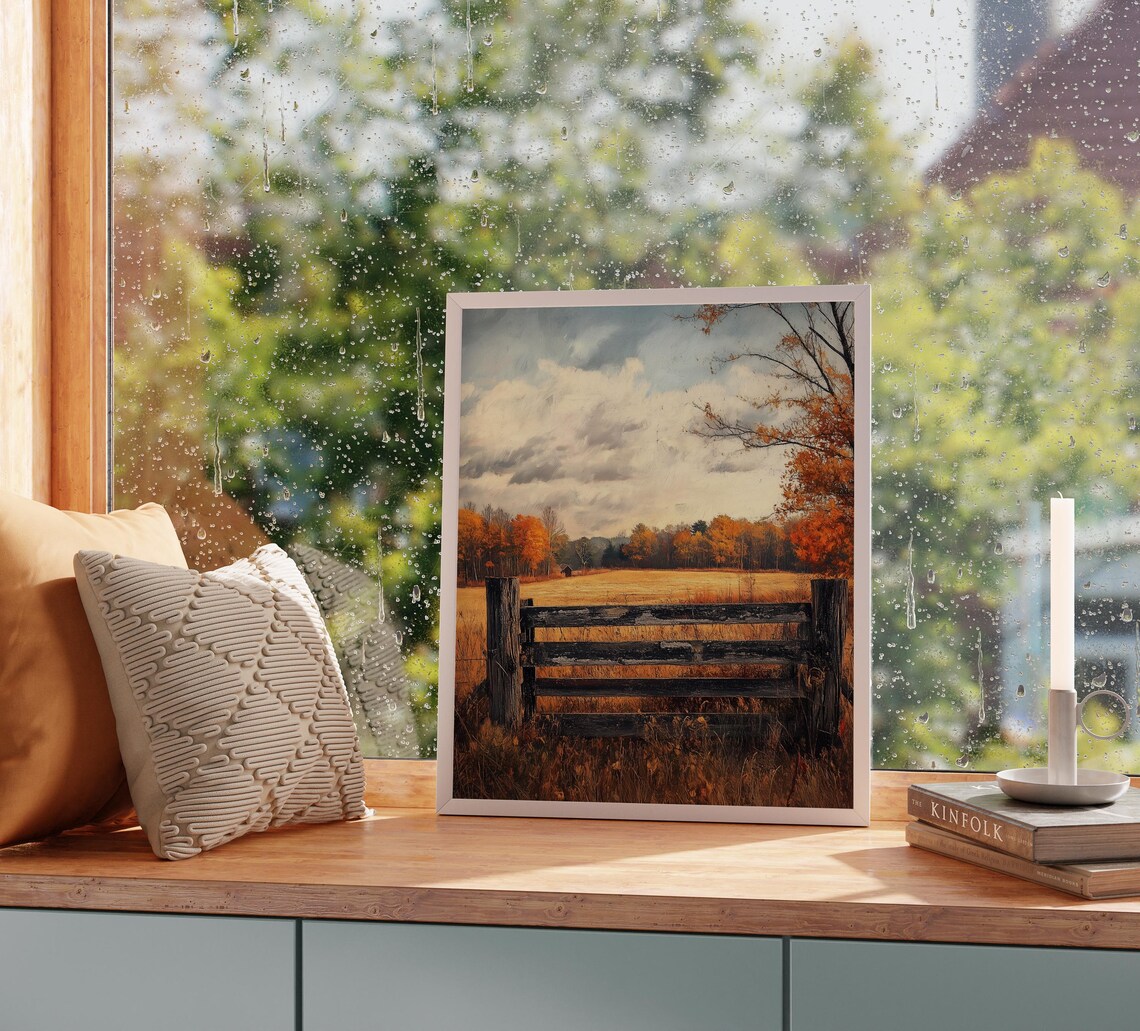 Weathered Wooden Gate Overlooking Golden Autumn Field Poster - Image 2
