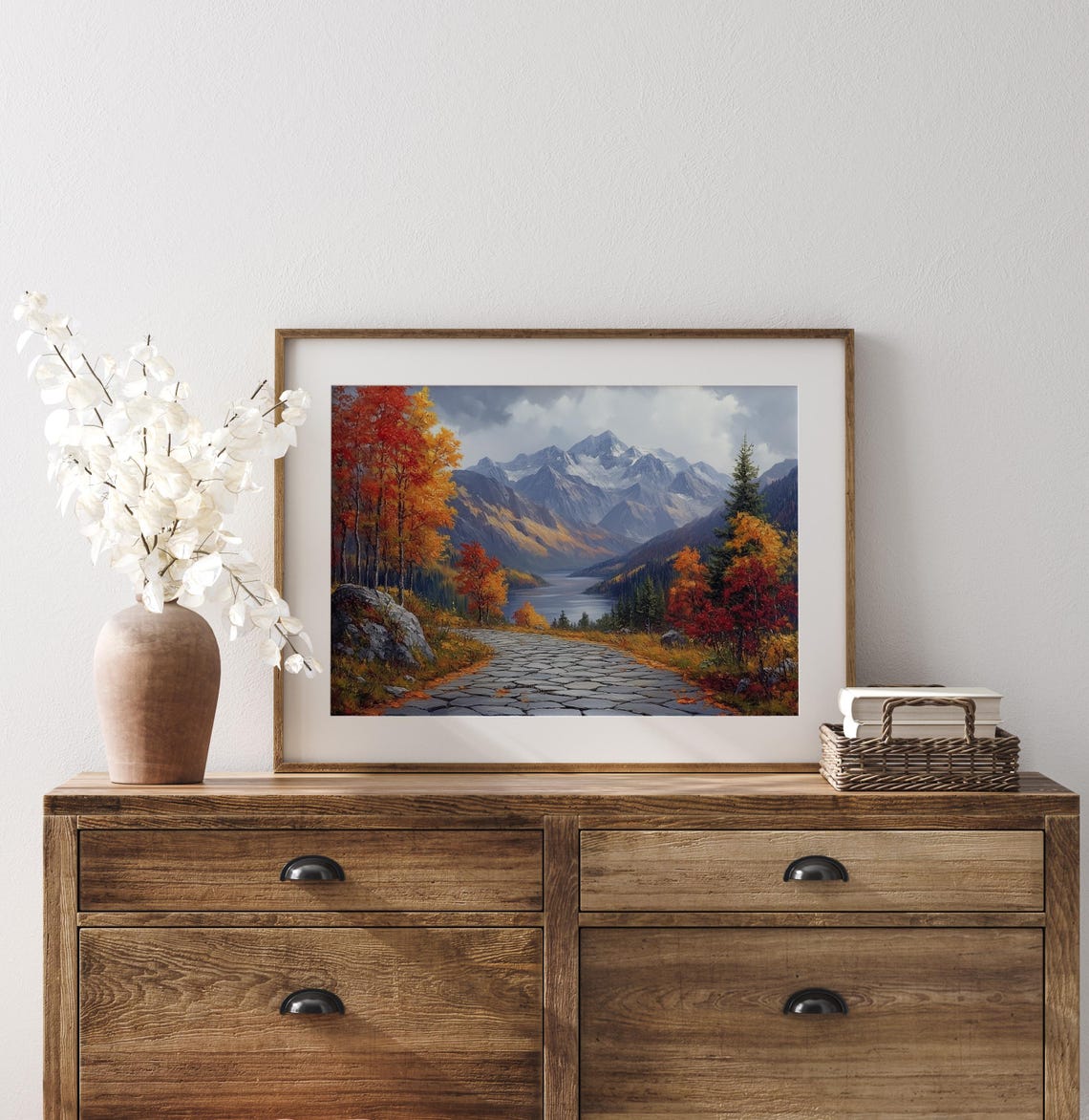 Autumn Cobblestone Lane Mountain Lake View Fall Scenic Wall Art - Image 3