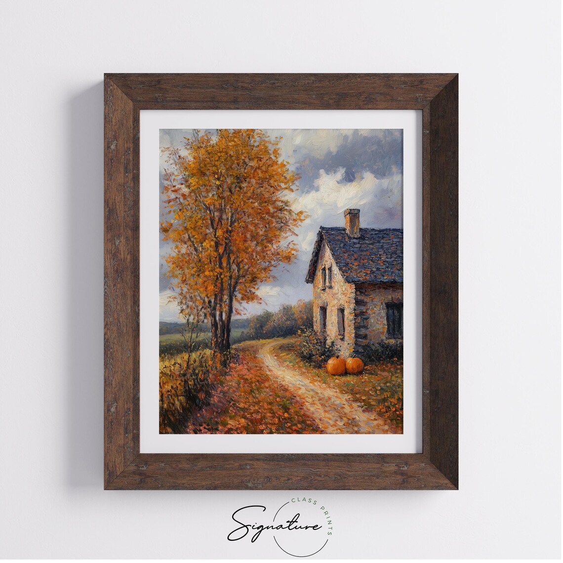 Old Stone Cottage With Two Pumpkins Beside a Leaf Covered Fall Lane Poster - Image 4