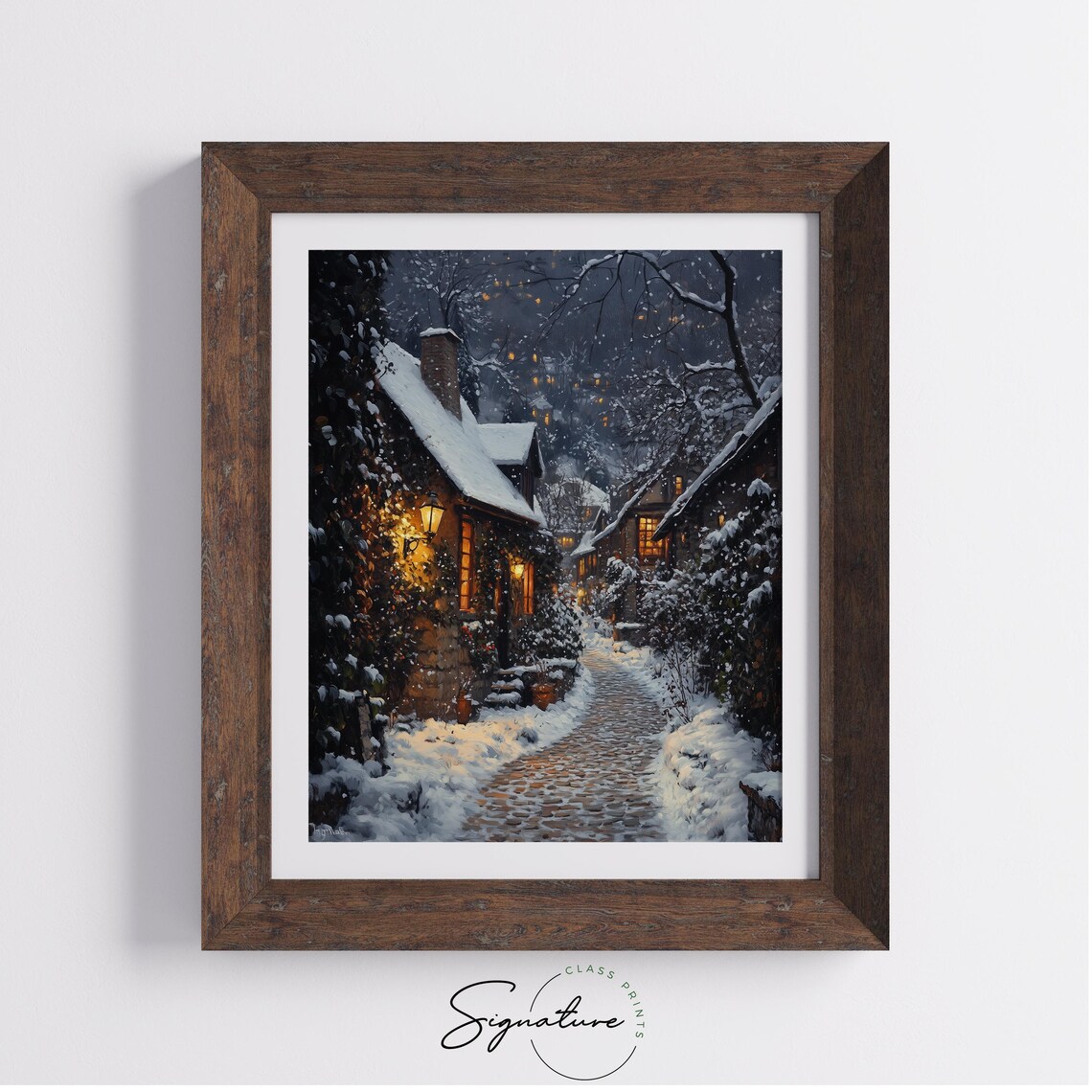 Snowy Cobblestone Alley at Night with Glowing Cottages Poster - Image 3