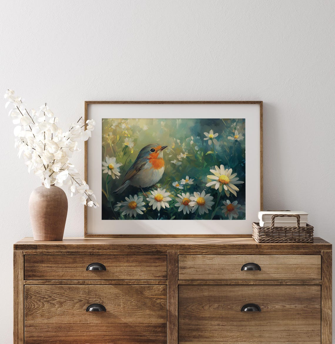 Robin Resting Among White Daisies In Lush Green Meadow Wall Art - Image 2