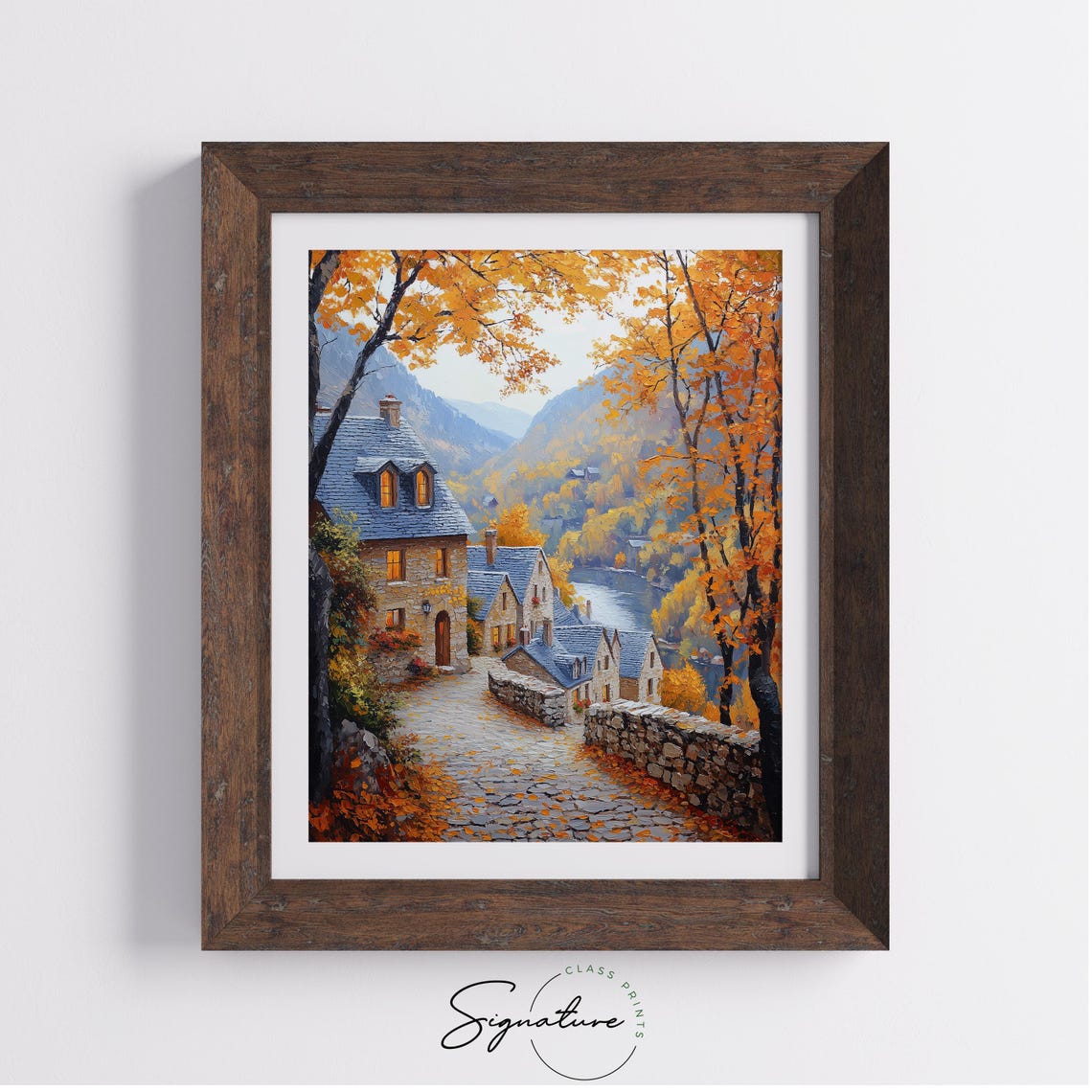 Autumn Riverside Village Evening Lights Stone Cottages River Poster - Image 4