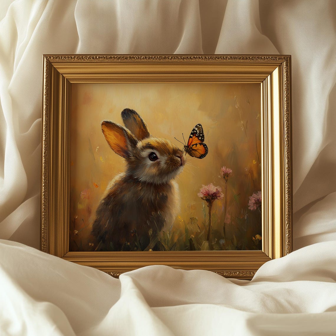 Bunny with Butterfly on Nose Golden Hour Spring Meadow Art Poster - Image 5