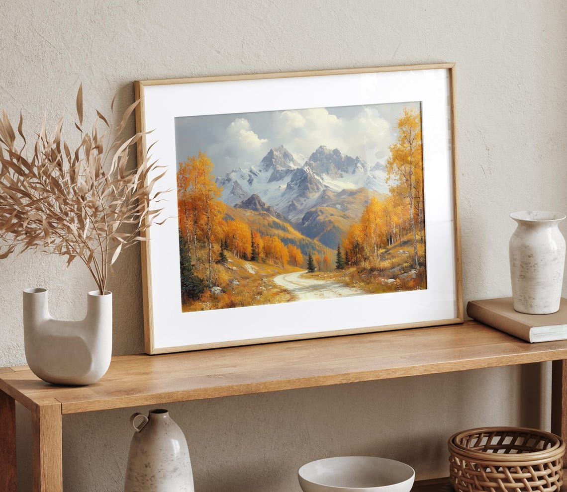Golden Aspen Autumn Road Snowy Mountain Peaks Fall Landscape Wall Art - Image 4