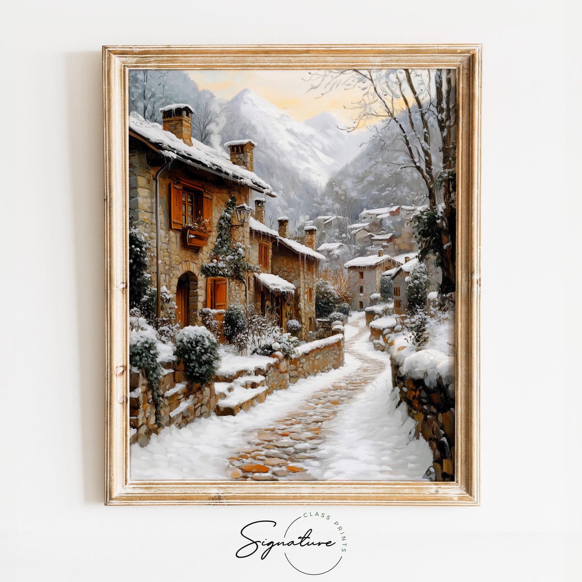 Old Stone Village Street in Snow with Mountain Backdrop Poster