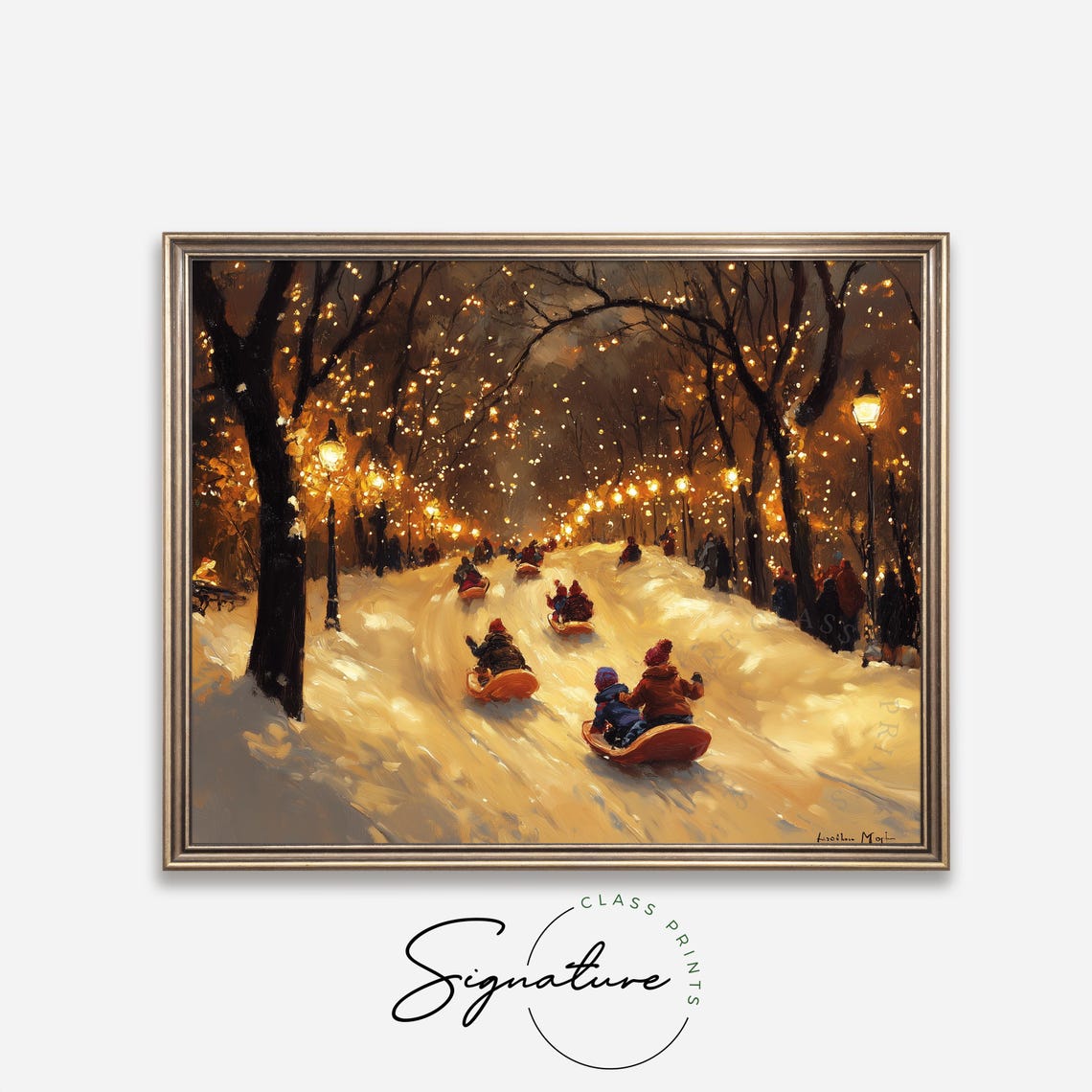 Children Sledding Down A Snowy Hill Under Warm Street Lamps Poster - Image 4