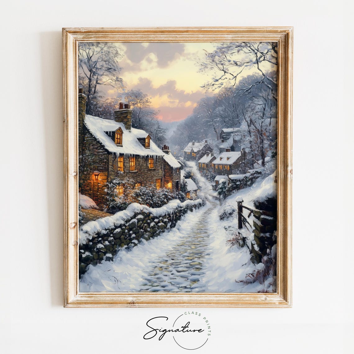 Snowy Cottage Lane With Glowing Windows Winter Village Poster