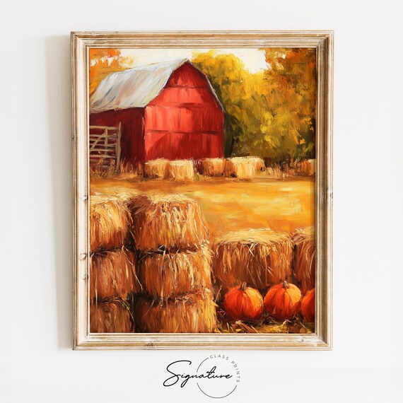 Red Barn Hay Bales Pumpkins Golden Autumn Field Farm Scene Poster