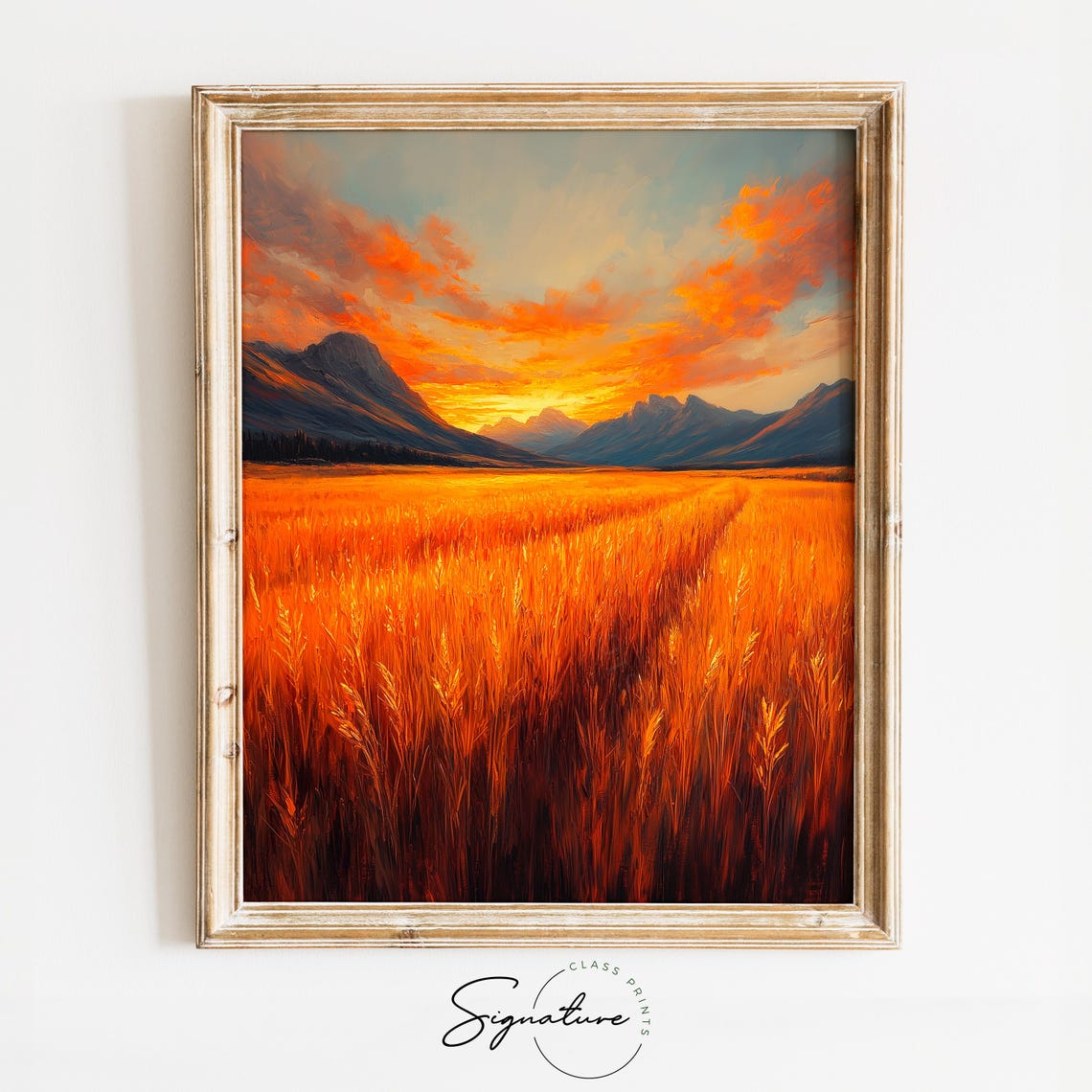 Autumn Wheat Field Sunset Mountain Valley Fiery Cloudscape Poster