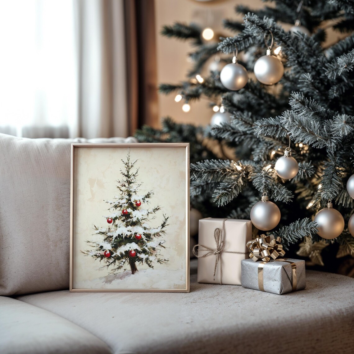 Snowy Christmas Tree with Red Ornaments Minimal Painting Poster - Image 5