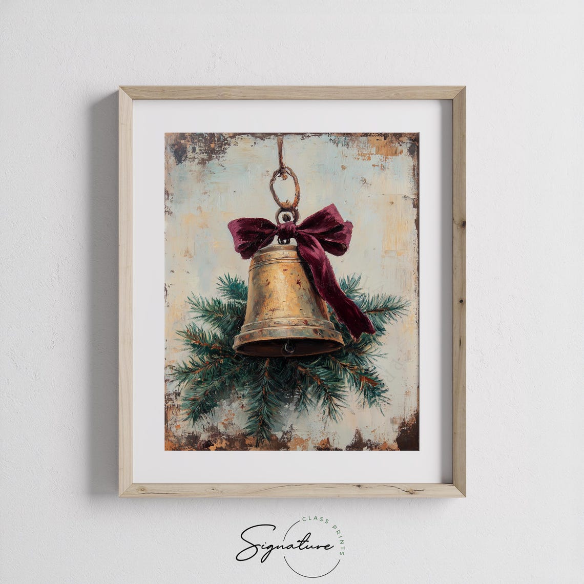 Brass Christmas Bell with Red Velvet Bow Pine Oil Painting Print - Image 2