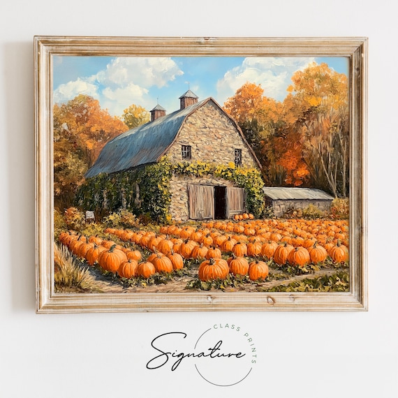 Stone Barn Behind a Bountiful Pumpkin Patch in Golden Autumn Poster