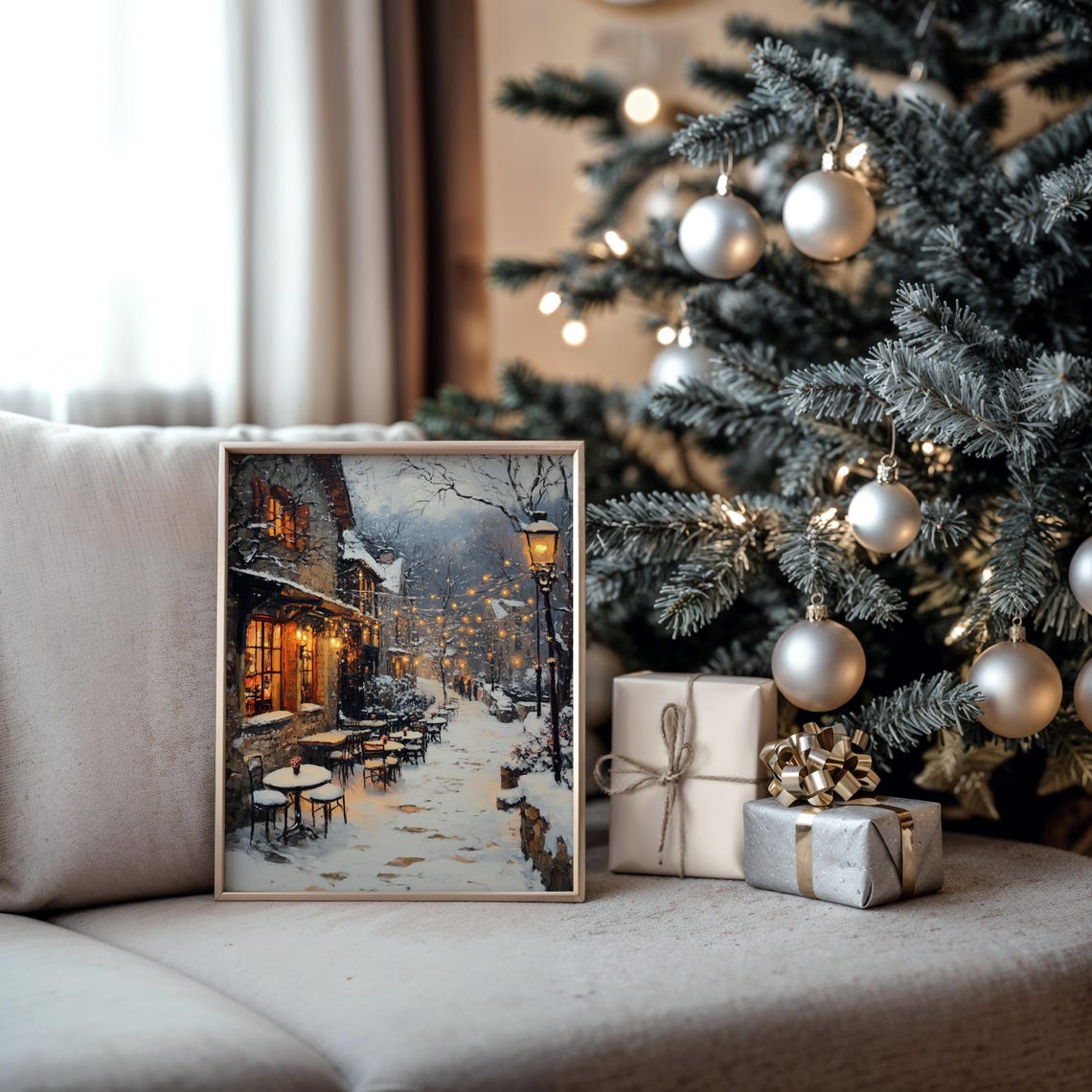 Snowy Village Square With Outdoor Cafe Winter String Lights Poster - Image 5