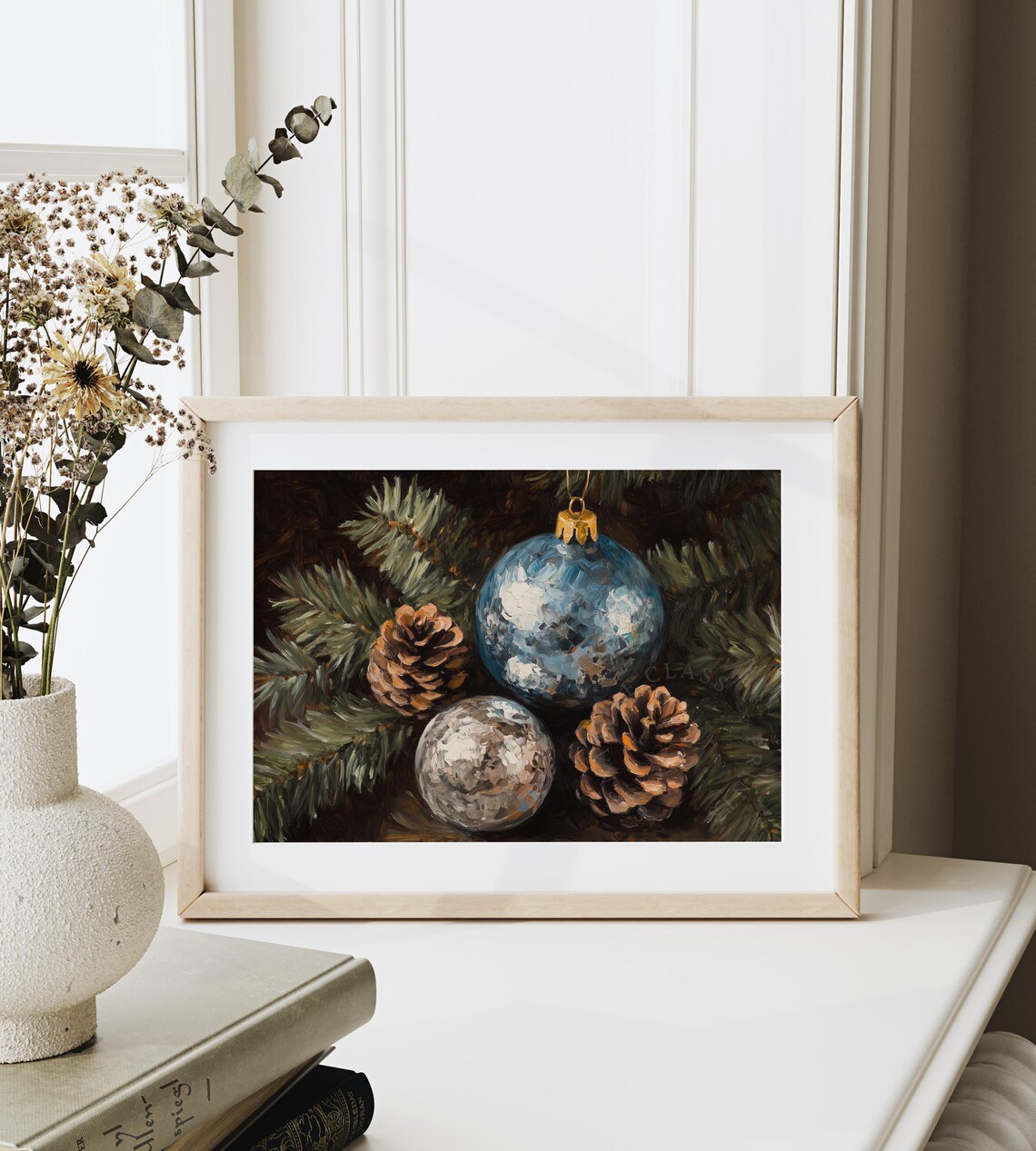 Blue And Silver Christmas Ornaments With Pinecones On Pine Poster - Image 6