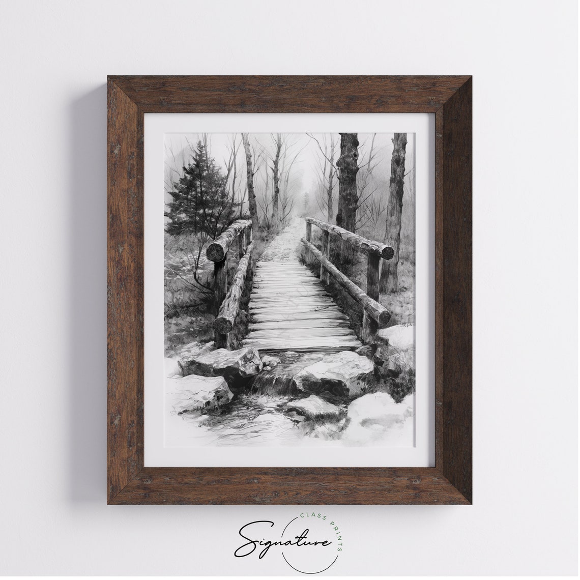 Rustic Wooden Footbridge Over Forest Stream Woodland Ink Poster - Image 4