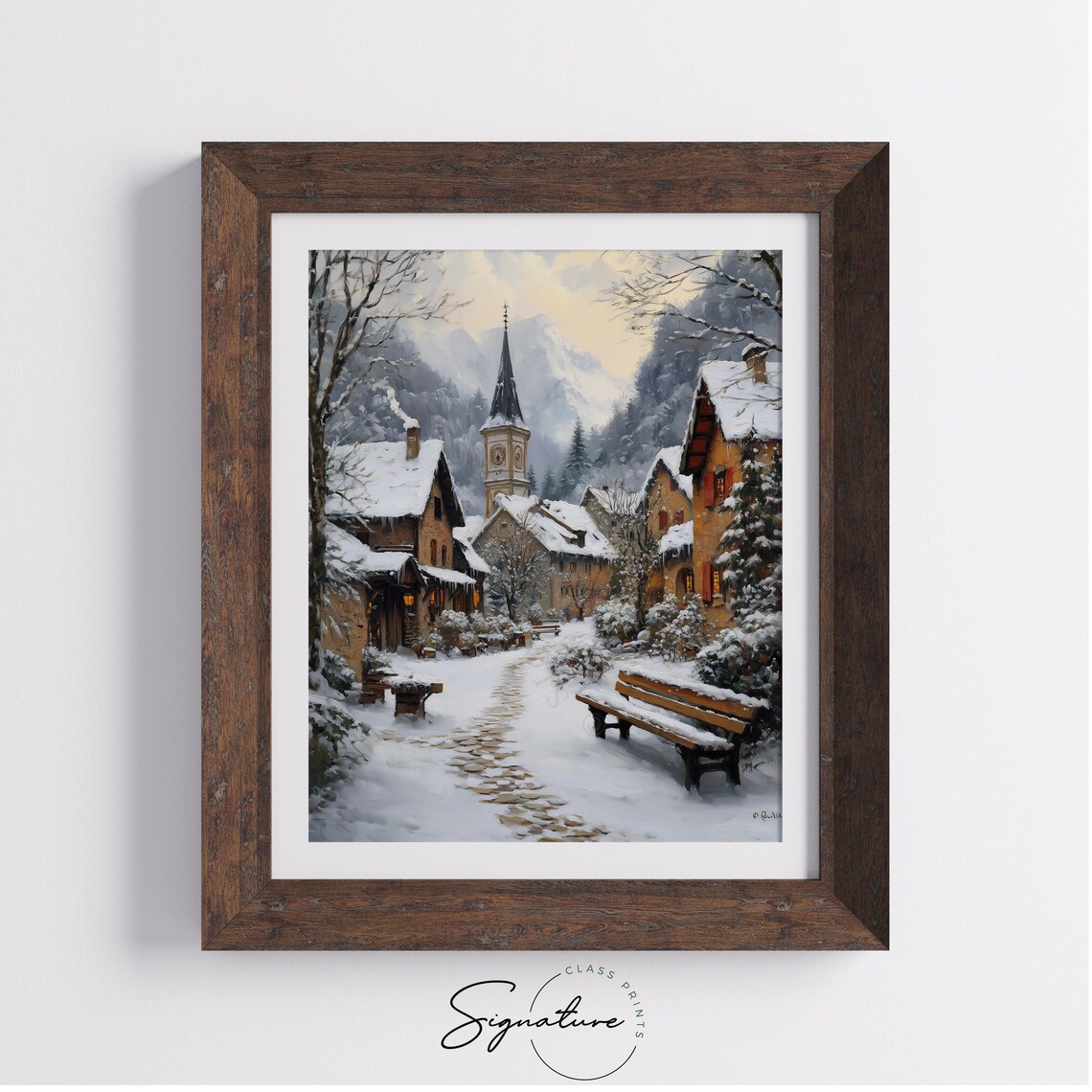 Snowy Alpine Village with Church Tower and Glowing Windows Poster - Image 3