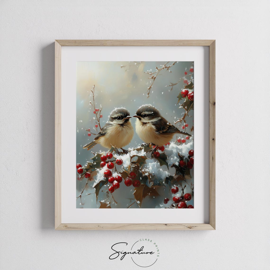 Two Songbirds on Snowy Holly Branch With Red Winter Berries Poster - Image 3