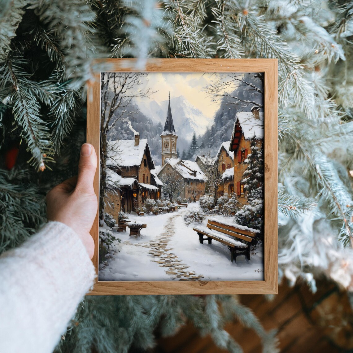 Snowy Alpine Village with Church Tower and Glowing Windows Poster - Image 6