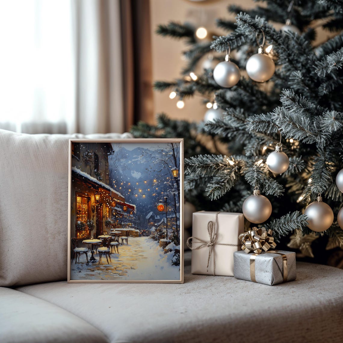 Cobblestone Village Square In Winter With Cafe Lights Poster - Image 5