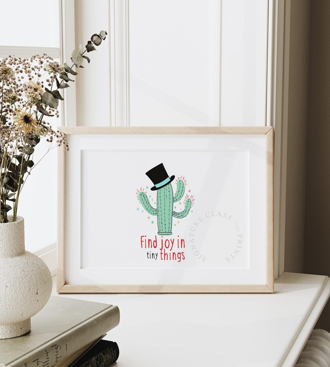 Find Joy In Tiny Things Cute Cactus Top Hat Mid Century Quote Wall Art - Image 6