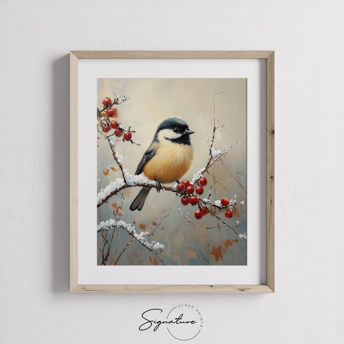 Chickadee on Snowy Branch with Bright Red Berries Winter Print - Image 2