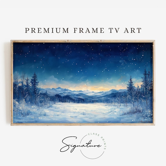 Winter Twilight Starry Sky Snowy Meadow Distant Blue Mountains Night Poster