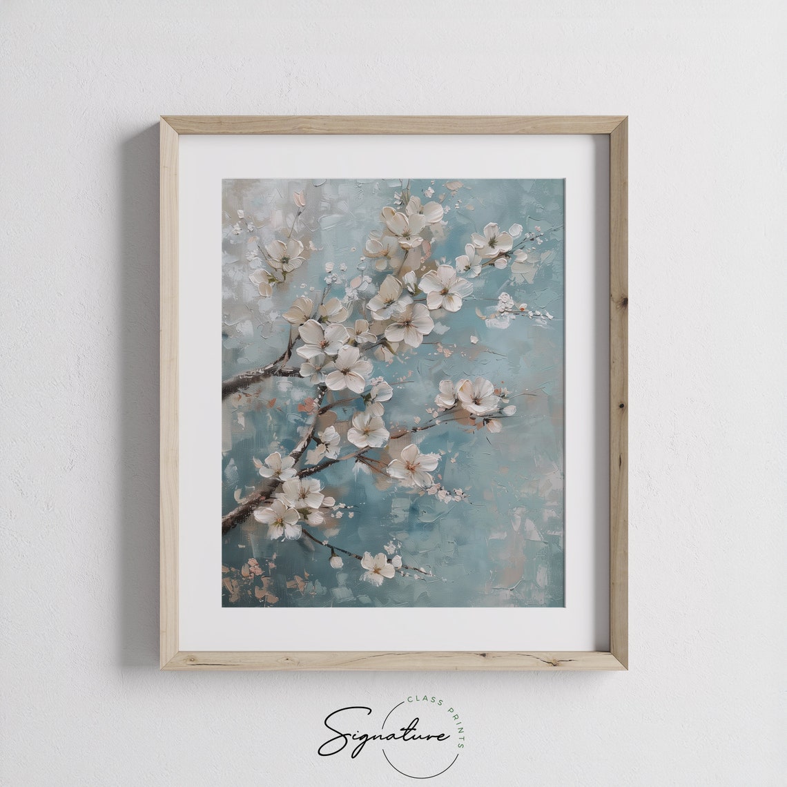 White Cherry Blossom Branch Teal Background Floral Art Poster - Image 3