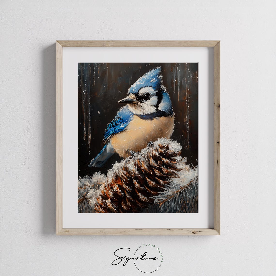 Blue Jay Perched On Snowy Pinecone Dark Winter Bird Portrait Poster - Image 3